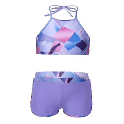 Hansber Kids Girls 2 Piece Halter Swimsuit Crop Tank Tops with Booty Shorts Sets Floral Printed Bathing Suit Beachwear Purple 8
