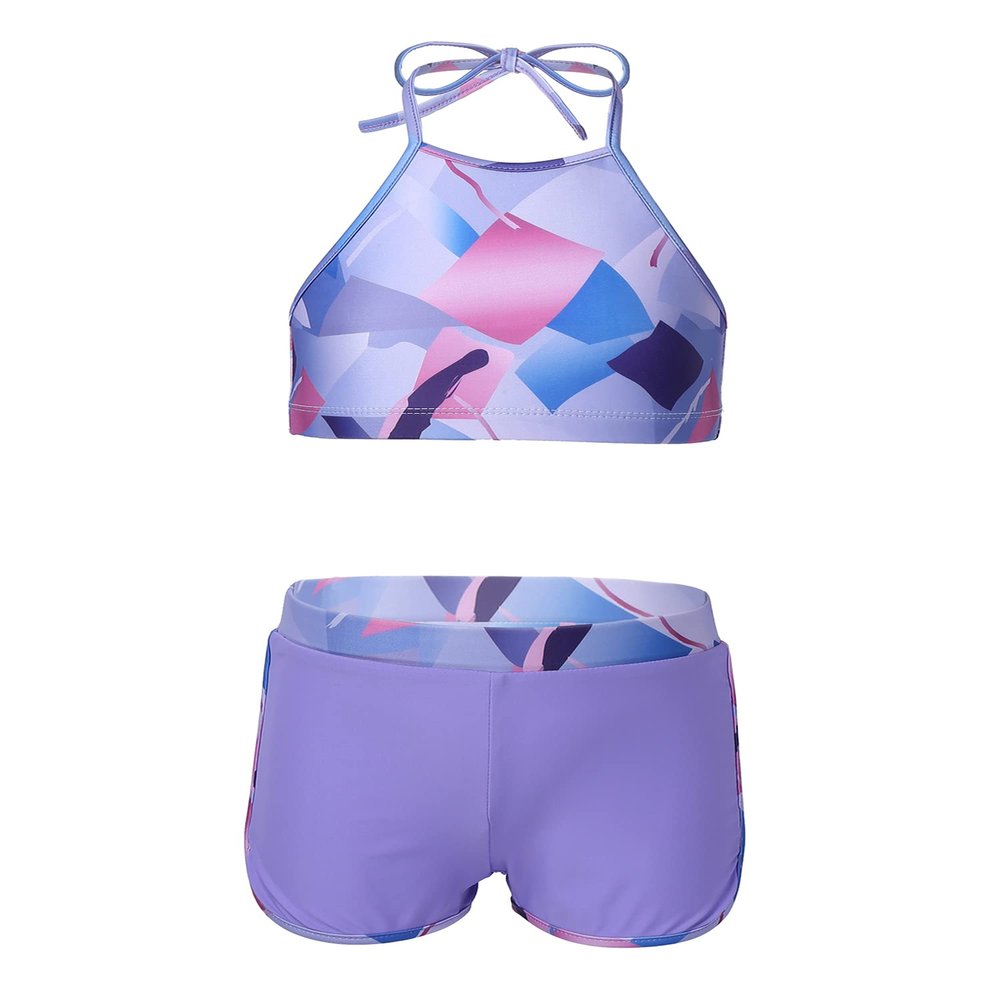 Hansber Kids Girls 2 Piece Halter Swimsuit Crop Tank Tops with Booty Shorts Sets Floral Printed Bathing Suit Beachwear Purple 8