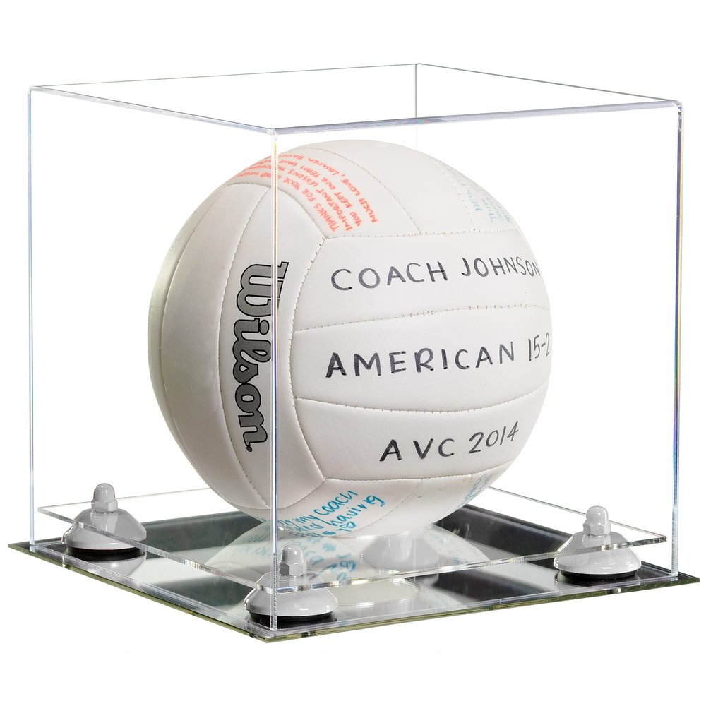 Better Display Cases Acrylic Volleyball Display Case with Clear Case, White Risers and Mirror Base (B02/A027)