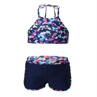 Hansber Kids Girls 2 Piece Halter Swimsuit Crop Tank Tops with Booty Shorts Sets Floral Printed Bathing Suit Beachwear Colorful 14