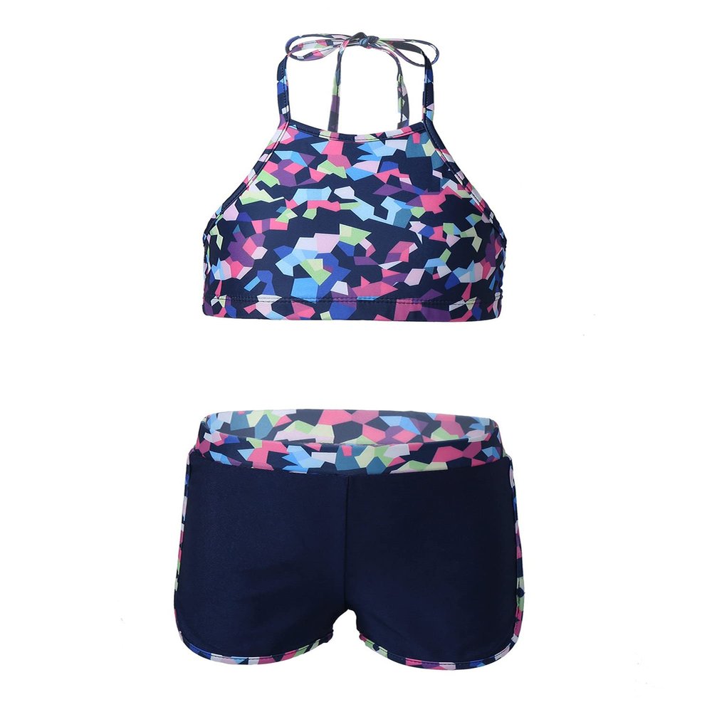 Hansber Kids Girls 2 Piece Halter Swimsuit Crop Tank Tops with Booty Shorts Sets Floral Printed Bathing Suit Beachwear Colorful 14