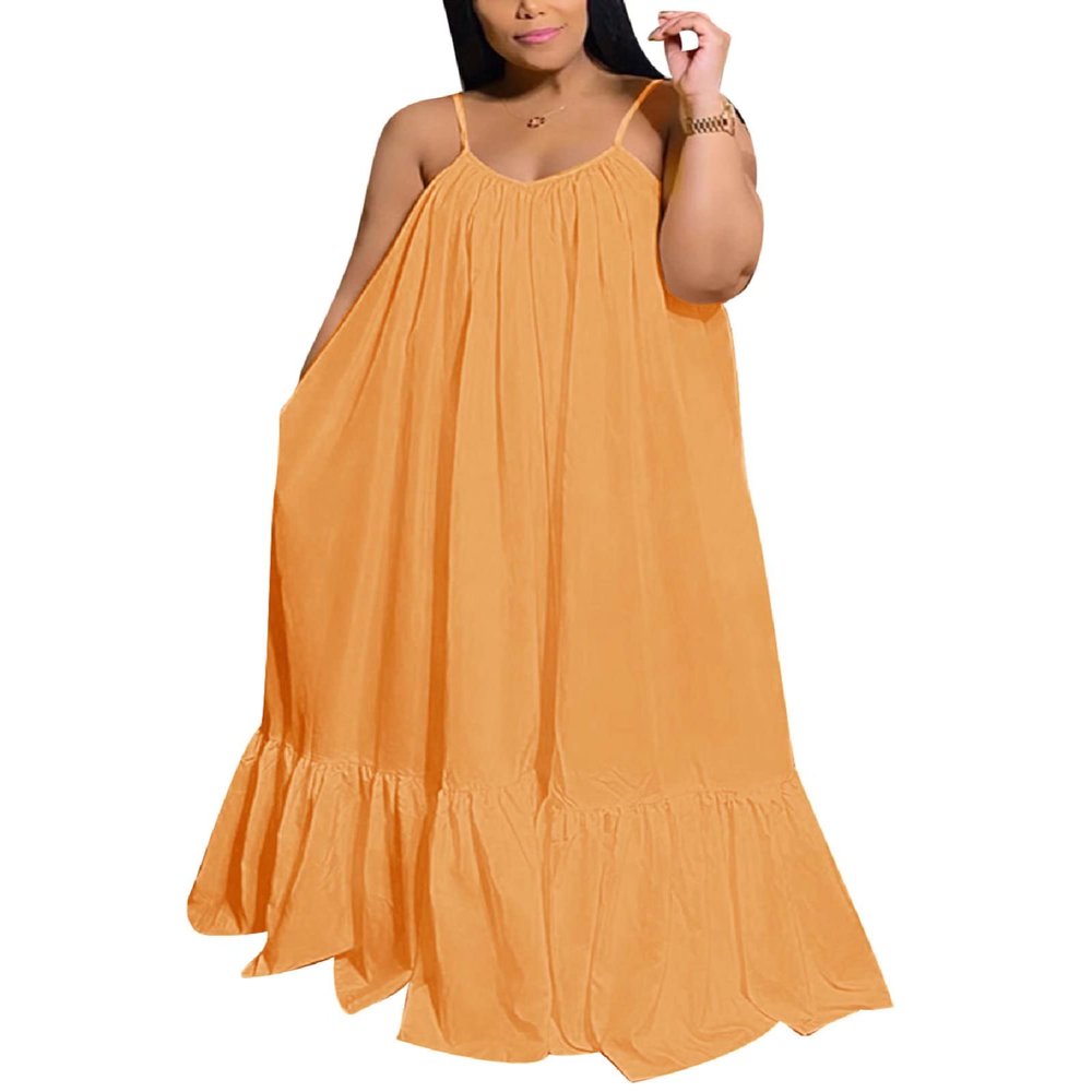 Women's Sexy Spaghetti Strap Sleeveless Ruched Ruffle Hem Bandage Oversized Beach Loose Long Maxi Swing Dress Gold 3X