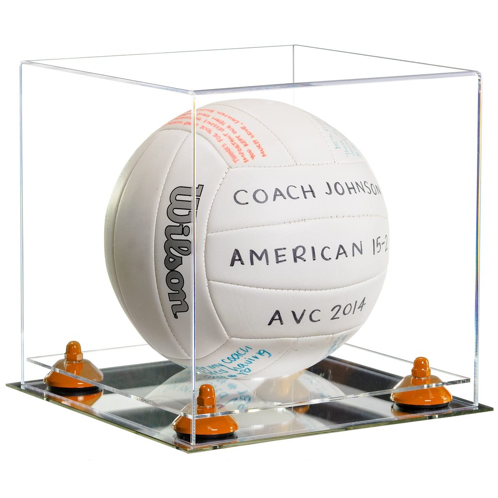 Better Display Cases Acrylic Volleyball Display Case with Clear Case, Orange Risers and Mirror Base (B02/A027)