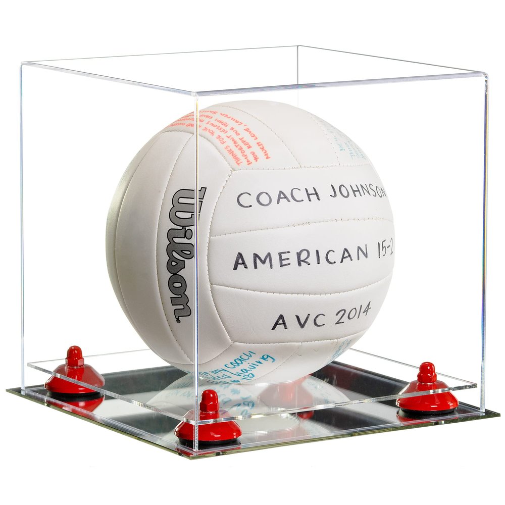 Better Display Cases Acrylic Volleyball Display Case with Clear Case, Red Risers and Mirror Base (B02/A027)