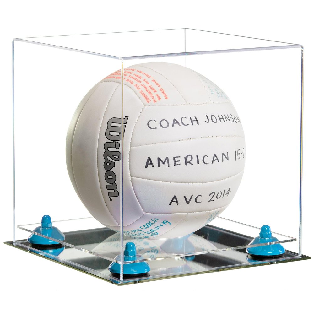 Better Display Cases Acrylic Volleyball Display Case with Clear Case, Light Blue Risers and Mirror Base (B02/A027)