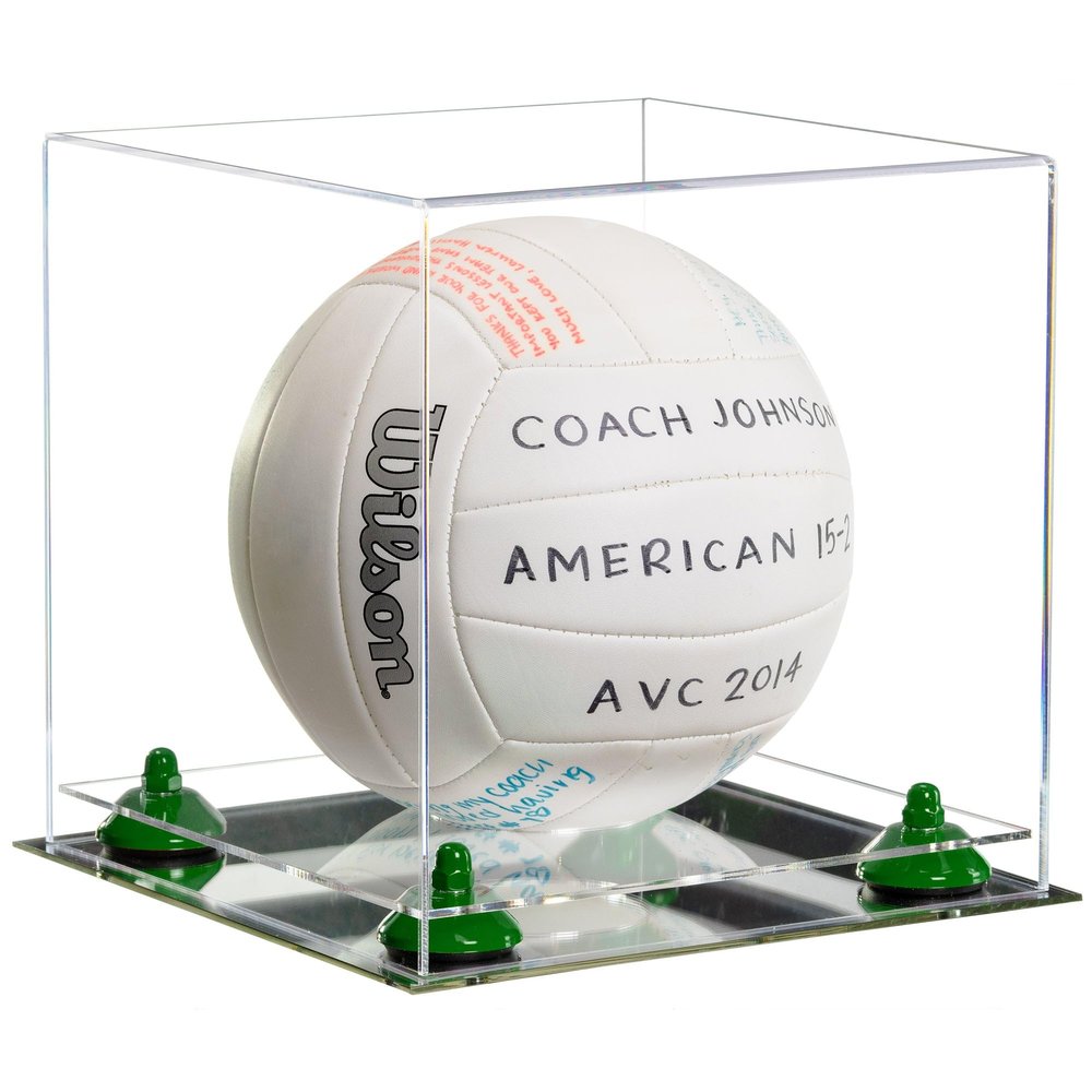 Better Display Cases Acrylic Volleyball Display Case with Clear Case, Green Risers and Mirror Base (B02/A027)