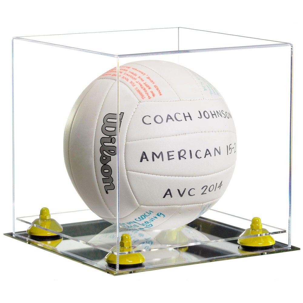 Better Display Cases Acrylic Volleyball Display Case with Clear Case, Yellow Risers and Mirror Base (B02/A027)