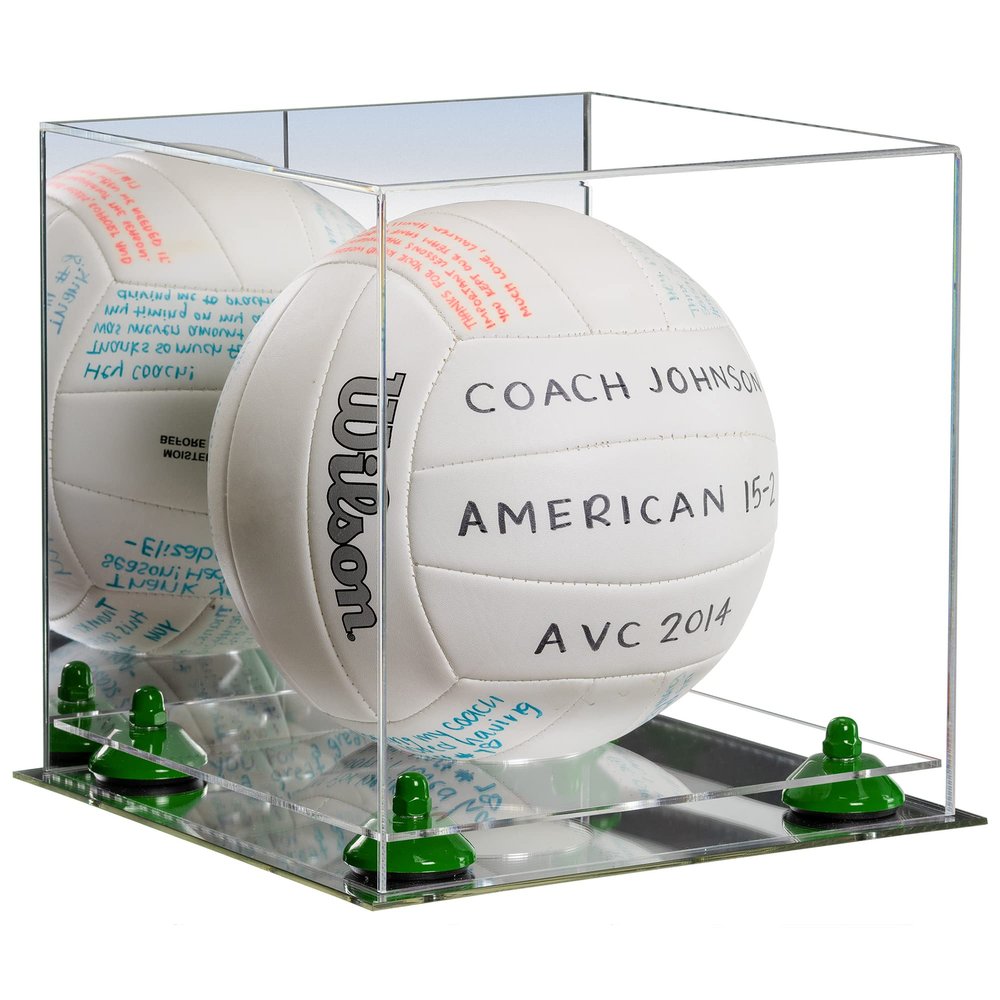 Better Display Cases Acrylic Volleyball Display Case with Mirror Case, Green Risers and Mirror Base (B02/A027)