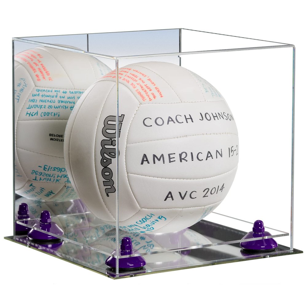 Better Display Cases Acrylic Volleyball Display Case with Mirror Case, Purple Risers and Mirror Base (B02/A027)
