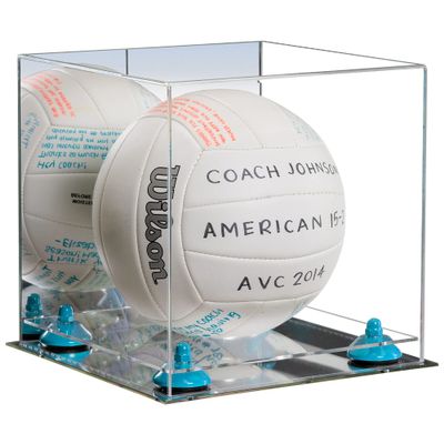 Better Display Cases Acrylic Volleyball Display Case with Mirror Case, Light Blue Risers and Mirror Base (B02/A027)