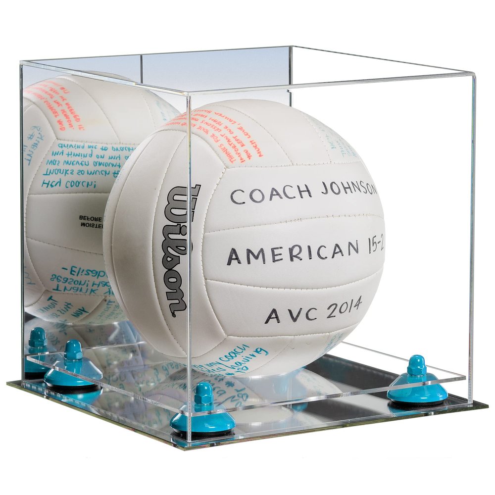 Better Display Cases Acrylic Volleyball Display Case with Mirror Case, Light Blue Risers and Mirror Base (B02/A027)