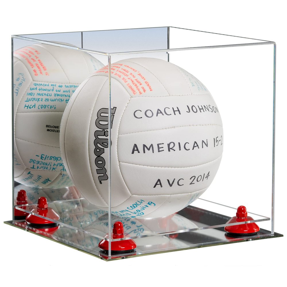 Better Display Cases Acrylic Volleyball Display Case with Mirror Case, Red Risers and Mirror Base (B02/A027)