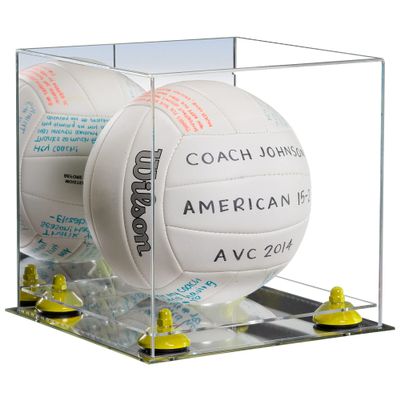 Better Display Cases Acrylic Volleyball Display Case with Mirror Case, Yellow Risers and Mirror Base (B02/A027)