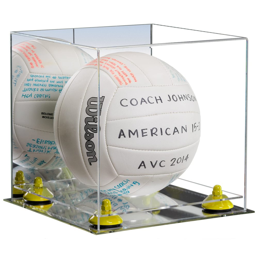 Better Display Cases Acrylic Volleyball Display Case with Mirror Case, Yellow Risers and Mirror Base (B02/A027)