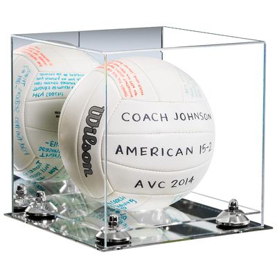 Better Display Cases Acrylic Volleyball Display Case with Mirror Case, Silver Risers and Mirror Base (B02/A027)
