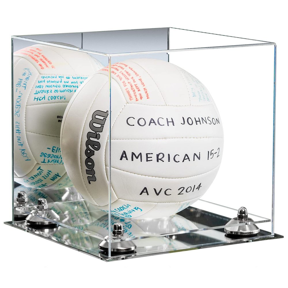 Better Display Cases Acrylic Volleyball Display Case with Mirror Case, Silver Risers and Mirror Base (B02/A027)