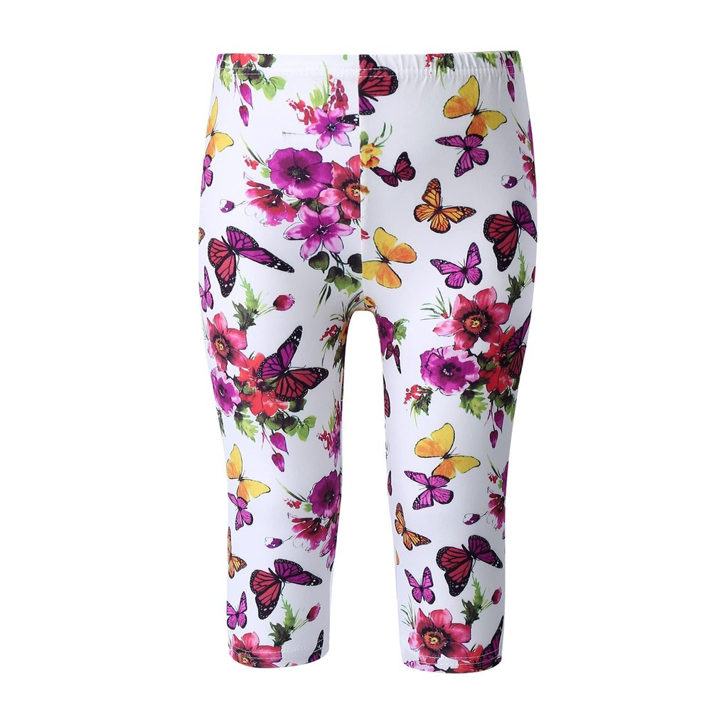 Aislor Kids Girls High Waisted Print Cropped Capri Leggings Stretch Tights Ankle Length Slim Trousers Legging White 5-6