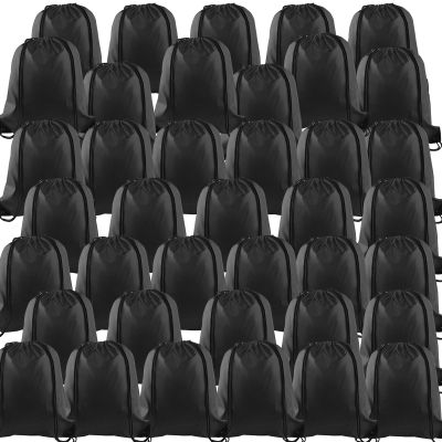 KUUQA 40pc Black Drawstring Backpacks - Gym, School, Travel - 40cm*34cm/15.7'x13.4' - Polyester & Faux Leather - Modern Design - Drawstring Closure - Unisex - Black