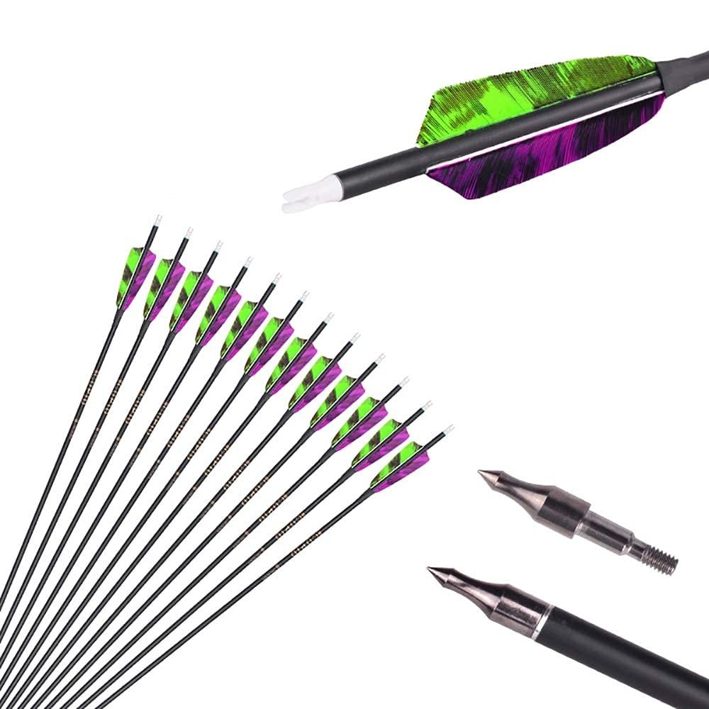 500 Spine Arrow 22.5 Inch Arrow Target Practice Arrow Hunting Arrow Carbon Arrows Compound Bow Recurve Bow Adult Youth Archery Indoor Outdoor Shooting Field Tip 12pc