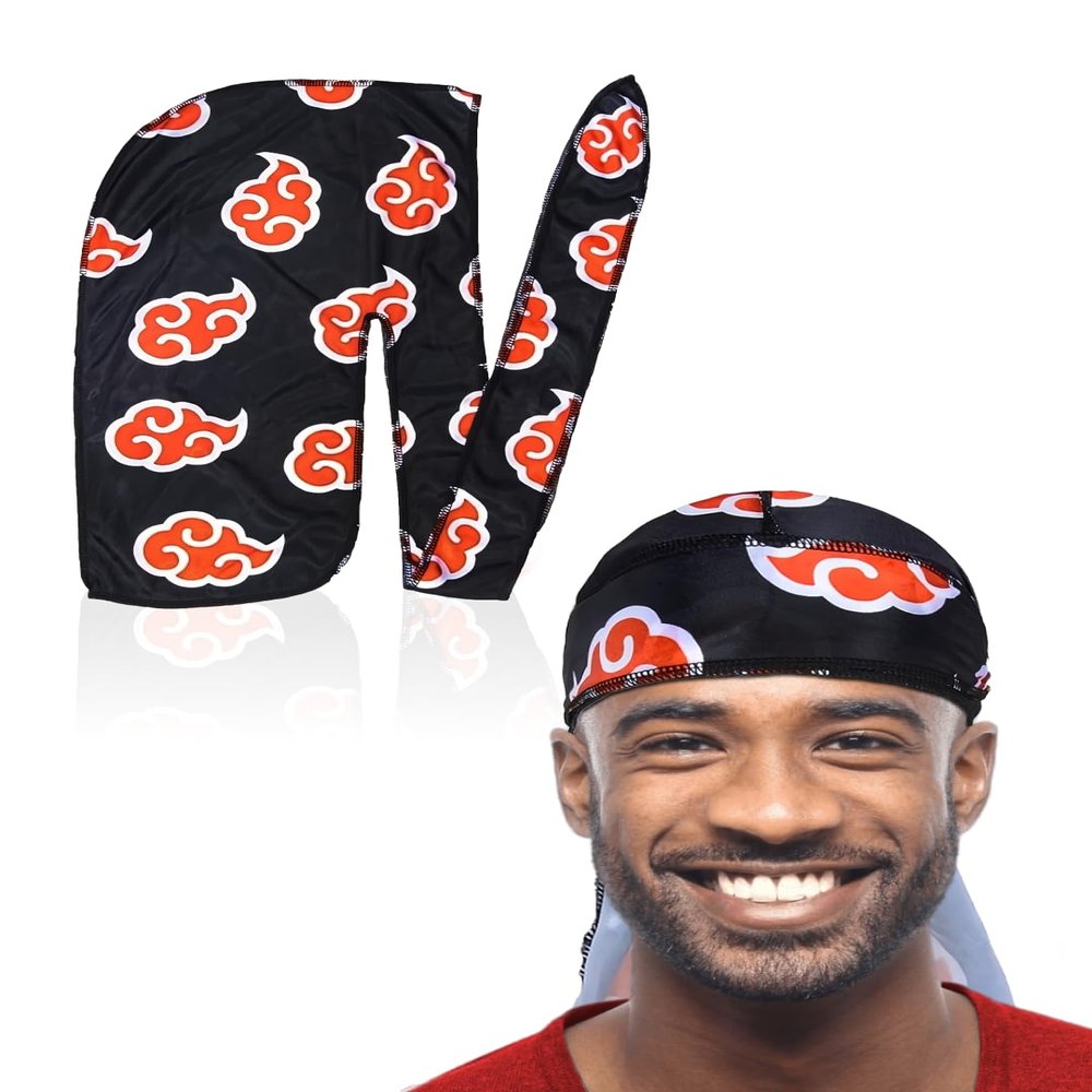 Red Clouds Silky Durag - Black Designer 360 Wave Du Rag with Long Tails and Quadruple Stitching - Smooth Fabric for Comfort Compression