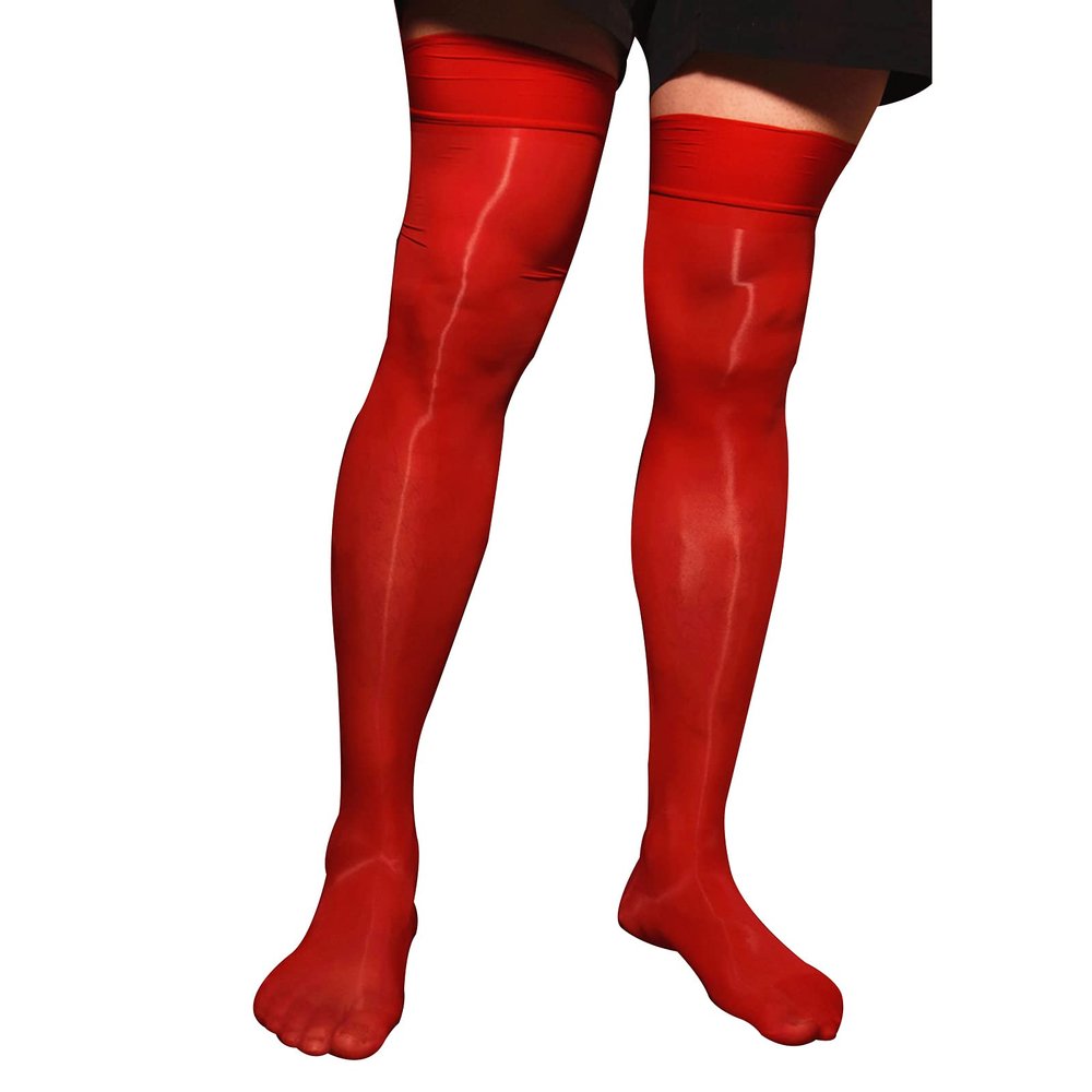 LiiYii Men's Sissy See-Through Thin Silk Stocking Stretchy Sheer Thigh High Socks Underwear Red One Size