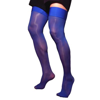 LiiYii Men's Sissy See-Through Thin Silk Stocking Stretchy Sheer Thigh High Socks Underwear Royal Blue One Size