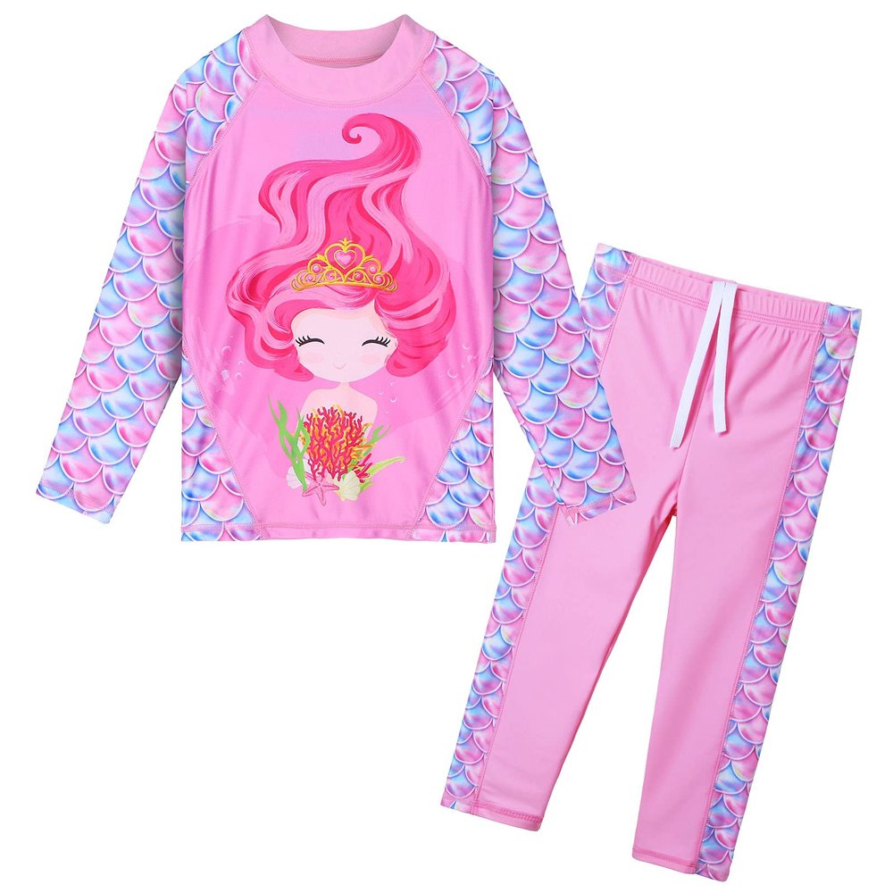 TFJH E 2-Piece Girls Swimsuits Long Sleeve Rashguard Set UPF 50+ Sunsuits 5t 6t Girl Pink Long 6A