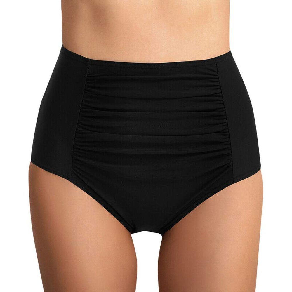 High Waist Women Bikini Bottoms Low Cut Leg Tummy Control Swimsuit Briefs Ruched Pants Shirred Swimming Bottoms Black