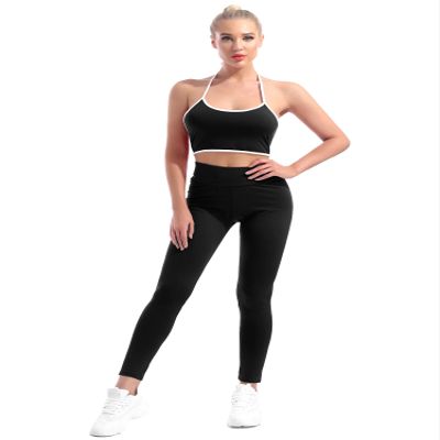 Hansber Women's 2 Piece Yoga Gym Workout Outfits Sexy Halter Tops Athletic Crop Top with Bodycon Leggings Activewear Set Black XL