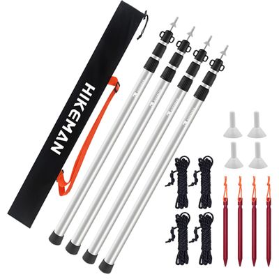 HIKEMAN Tent Poles Camping Poles for Tarp Awning Canopy Porch Sun Sails Tarpaulin Headroom Aluminium Adjustable Telescoping(4pcs,Silver)