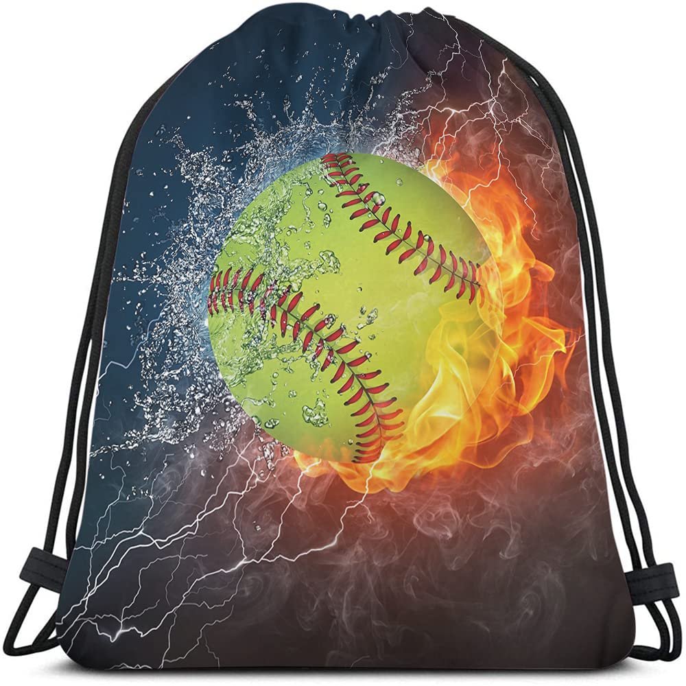 Beabes Baseball Drawstring Bags Backpack Bag Ball On Water And Fire Lightening Background American Popular Sports Game Sport Gym Sack Drawstring Bag String Bag Yoga Bag for Men Women