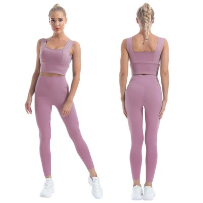 Hansber Women's Basic Yoga Workout Sets Tank Crop Top Sport Bras with Tummy Control Leggings Stretchy Workout Outfits Wide Straps Pink Large