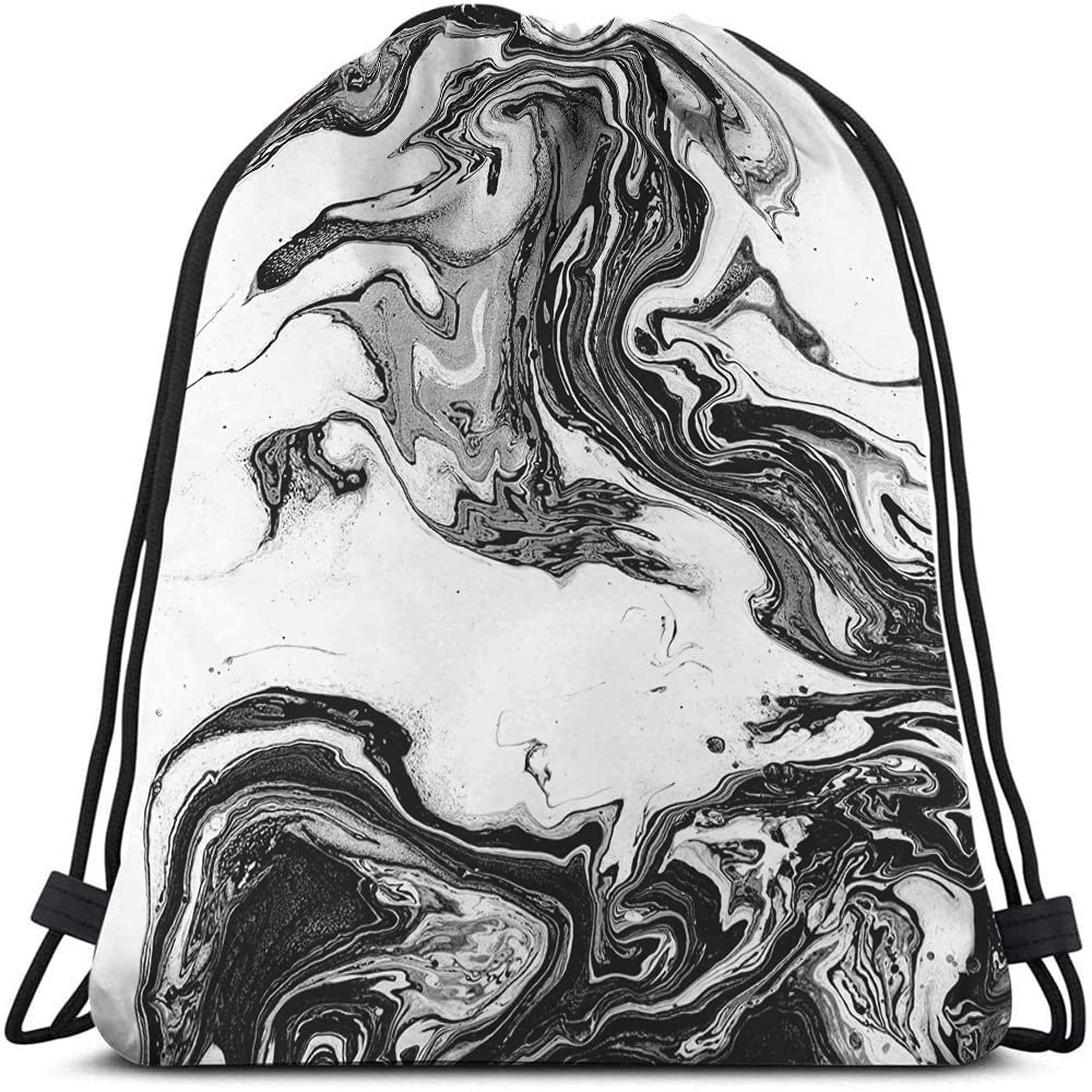 Beabes Abstract Marble Art Drawstring Bags Backpack Bag Black And White Ink Painting Liquid Acrylic Design Artistic Sport Gym Sack Drawstring Bag String Bag Yoga Bag for Men Women