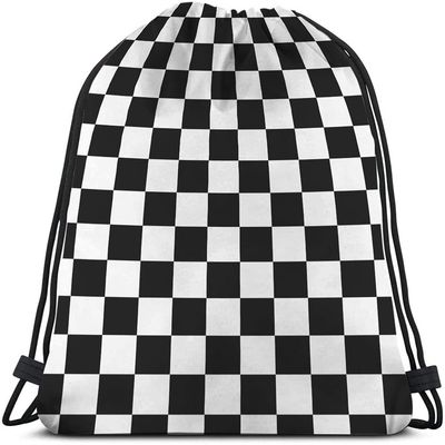 Beabes Checkerboard Drawstring Bags Backpack Bag Geometric Checkered Plaid Pattern Black White Car Racing Sports Chess Board Sport Gym Sack Drawstring Bag String Bag Yoga Bag for Men Women