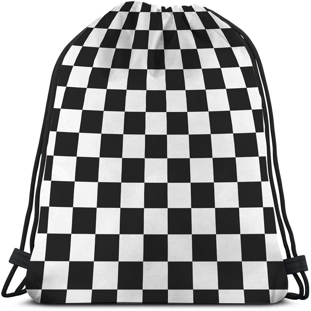Beabes Checkerboard Drawstring Bags Backpack Bag Geometric Checkered Plaid Pattern Black White Car Racing Sports Chess Board Sport Gym Sack Drawstring Bag String Bag Yoga Bag for Men Women