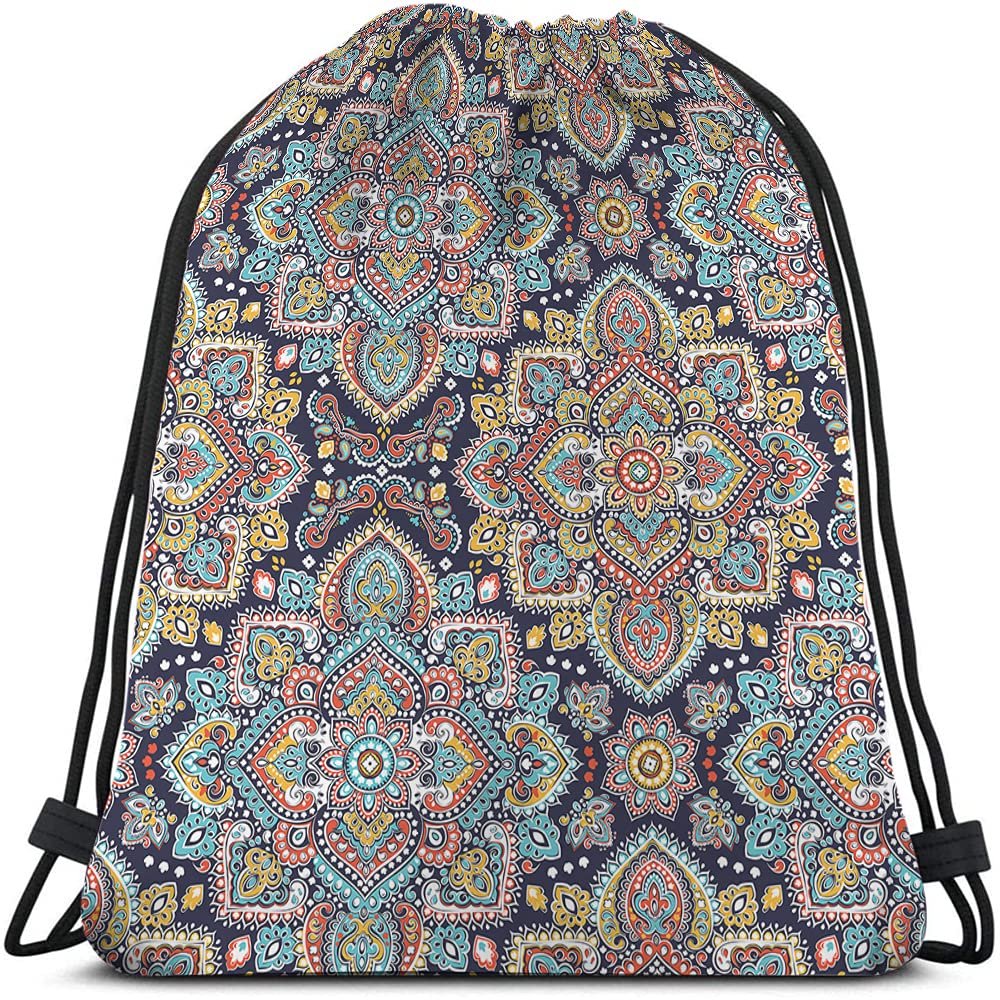 Beabes Retro Medallion Mandala Drawstring Backpack Bag - Art Ethnic Ornament Boho Bohemian Floral Paisley Sport Gym Sack String Yoga Bag for Men Women