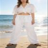 CHARTOU Women's Summer Drawstring Waist Wide Leg Loose Cotton Linen Palazzo Pants (Large, White) view 2
