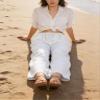 CHARTOU Women's Summer Drawstring Waist Wide Leg Loose Cotton Linen Palazzo Pants (Large, White) view 3
