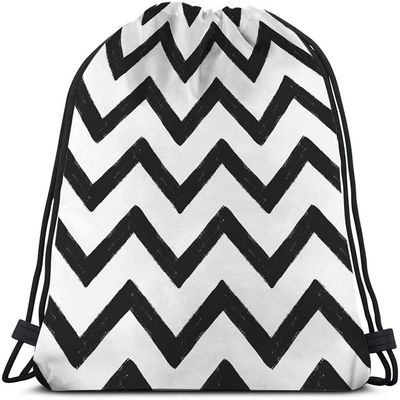 Beabes Chevron Drawstring Backpack Bag - Black And White Zig Zag Stripes Pattern Geometric Hand Drawn Sport Gym Sack Drawstring Bag for Men Women