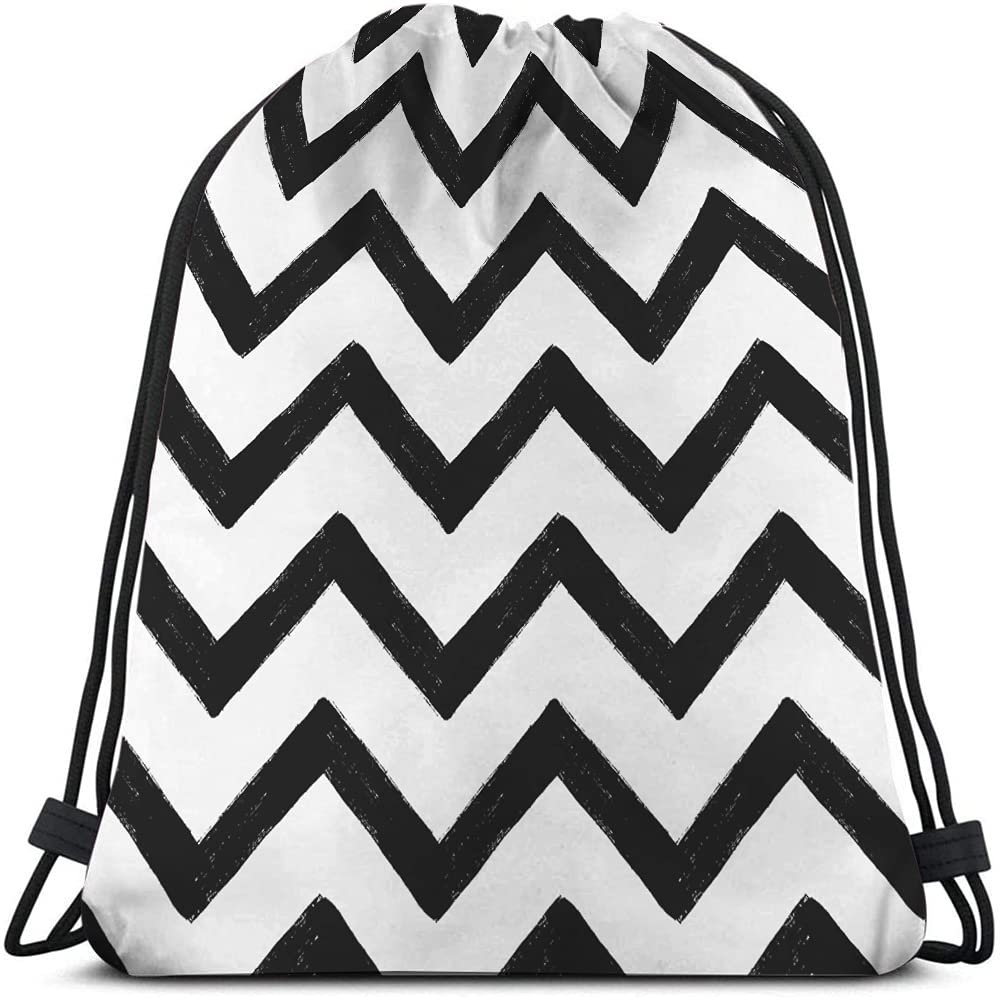 Beabes Chevron Drawstring Backpack Bag - Black And White Zig Zag Stripes Pattern Geometric Hand Drawn Sport Gym Sack Drawstring Bag for Men Women