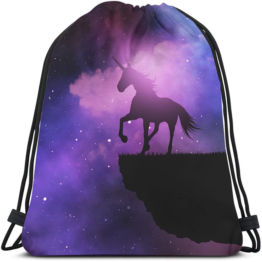 Beabes Unicorn Drawstring Bags Backpack Bag Purple Galaxy Space Magic Starry Night Sky Animal Silhouette Stars Sport Gym Sack Drawstring Bag String Bag Yoga Bag for Men Women