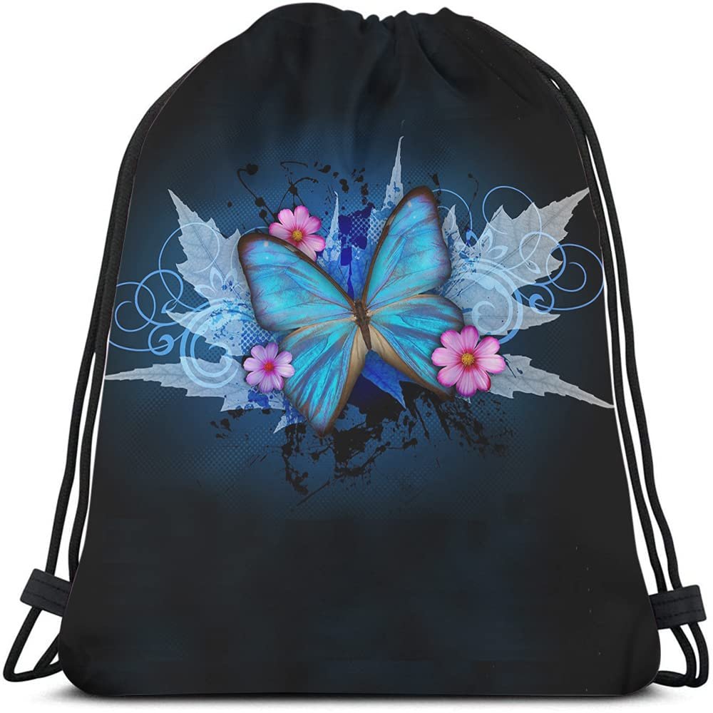 Beabes Retro Butterflies Drawstring Bags Backpack Bag Pink Flowers Maple Leaves Beautiful Animal Big Bird Wings Sport Gym Sack Drawstring Bag String Bag Yoga Bag for Men Women
