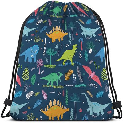 Beabes Dinosaur Drawstring Backpack Bag - Cute Cartoon Animal Funny Cool Colorful Dino Tropical Palm Leaf Sport Gym Sack Drawstring Bag for Men Women