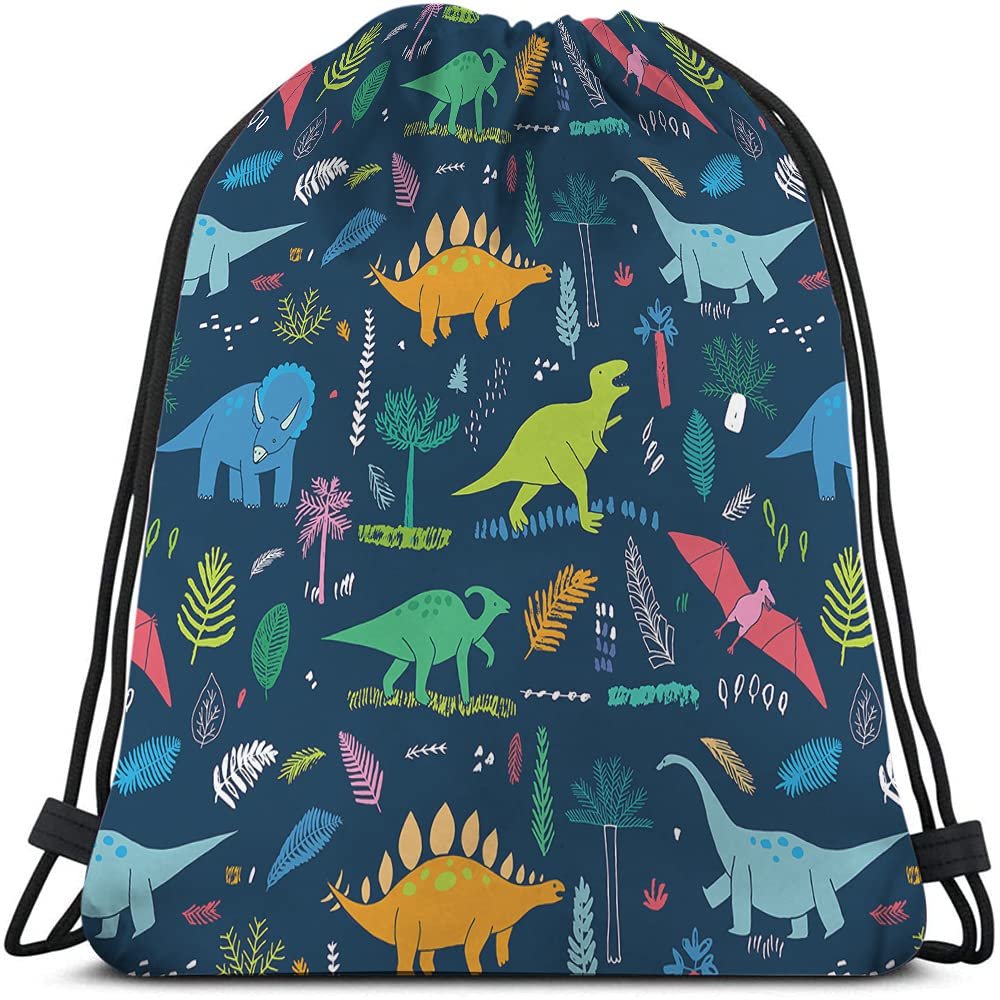 Beabes Dinosaur Drawstring Backpack Bag - Cute Cartoon Animal Funny Cool Colorful Dino Tropical Palm Leaf Sport Gym Sack Drawstring Bag for Men Women