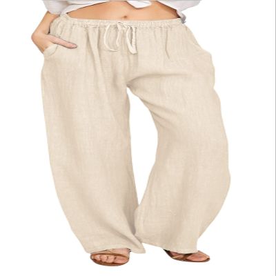 CHARTOU Women's Summer Drawstring Waist Wide Leg Loose Cotton Linen Palazzo Pants (Large, Khaki)