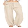 CHARTOU Women's Summer Drawstring Waist Wide Leg Loose Cotton Linen Palazzo Pants (Large, Khaki) view 1