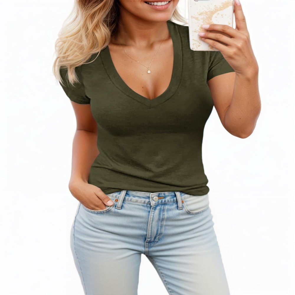 Womens Summer Sexy Short Sleeve Tshirt Tops Deep V Neck Shirts Casual Slim Fit Basic T-Shirt Tee A-Army Green
