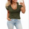 Womens Summer Sexy Short Sleeve Tshirt Tops Deep V Neck Shirts Casual Slim Fit Basic T-Shirt Tee A-Army Green view 1