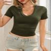 Womens Summer Sexy Short Sleeve Tshirt Tops Deep V Neck Shirts Casual Slim Fit Basic T-Shirt Tee A-Army Green view 2