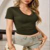 Womens Summer Sexy Short Sleeve Tshirt Tops Deep V Neck Shirts Casual Slim Fit Basic T-Shirt Tee A-Army Green view 4